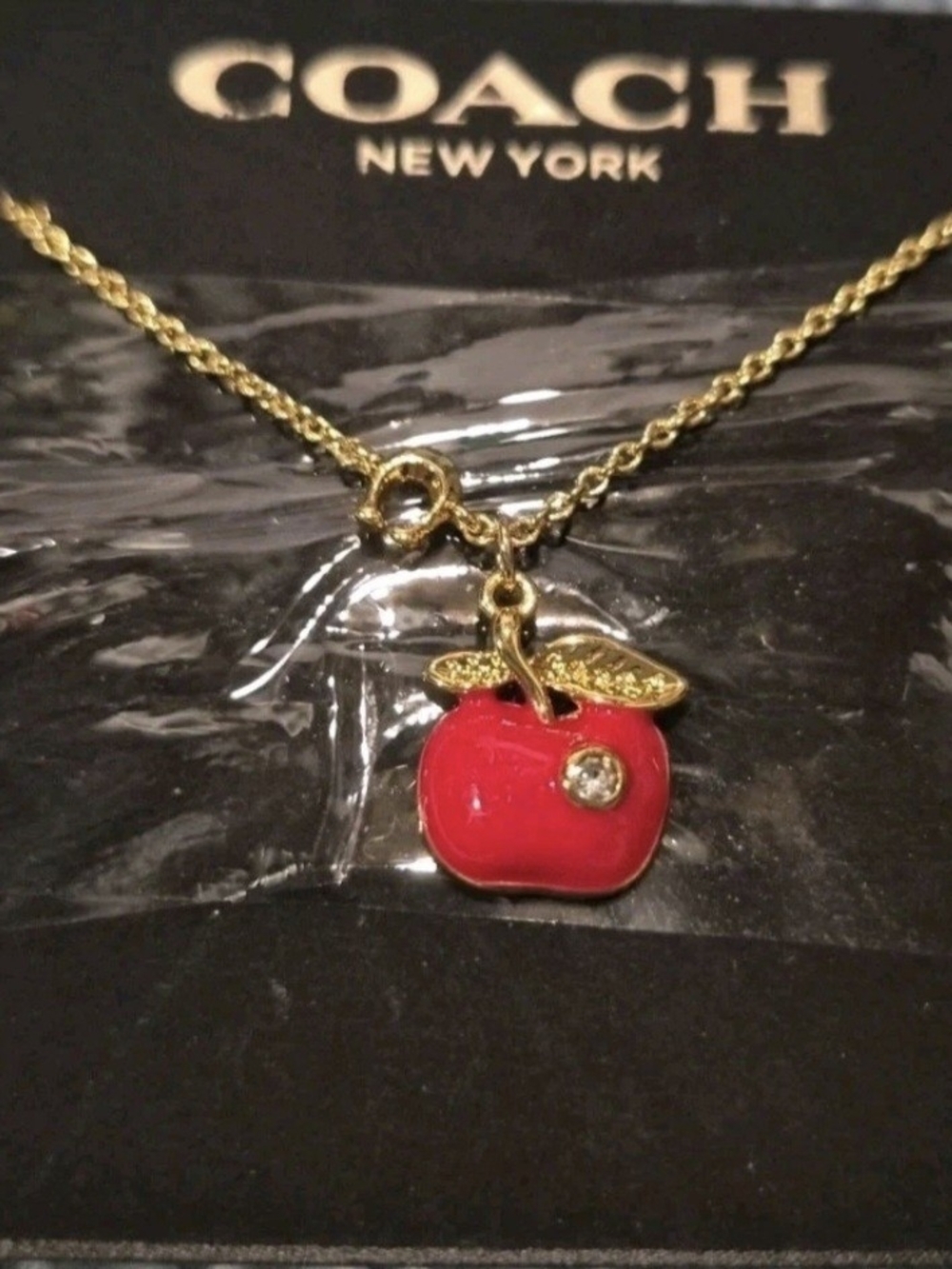 Coach New YORK Gold-Tone Necklace with Red Apple Charm